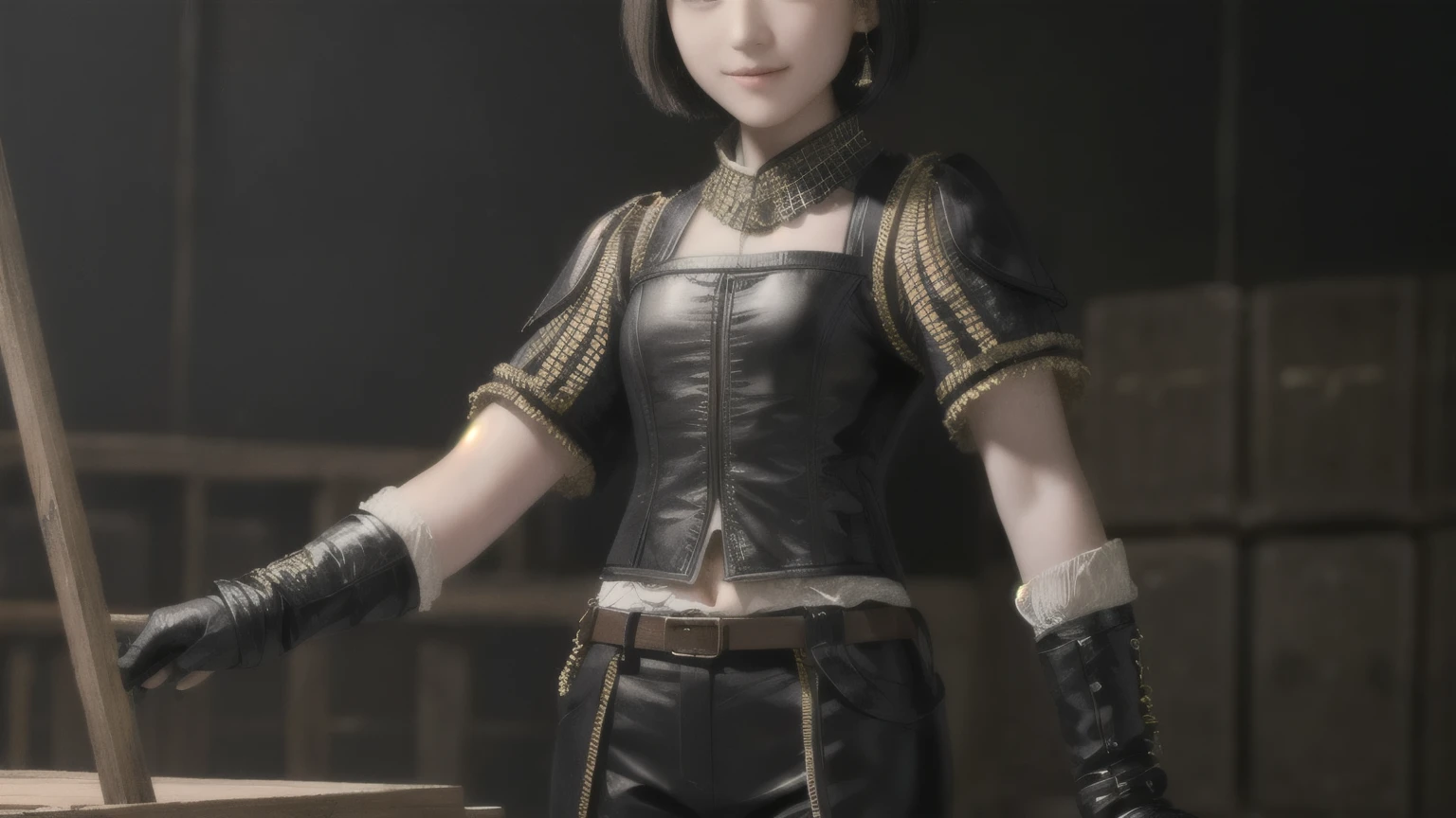 222 Short Hair, 20-year-old woman, A kind smile, (Luxurious stables), (Rembrandt-style painting), (machinery suit, Clothes that show abs、Clothes with short sleeves)