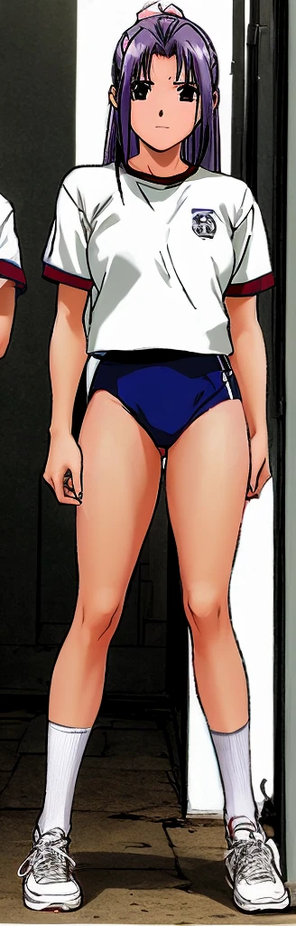 Momoko Koigakubo, a tall girl with beautiful legs, is wearing white gym clothes and light navy blue bloomers that look like panties. She stands with her legs spread to the sides, her hands on her hips, and stretches by arching her upper body backwards.。