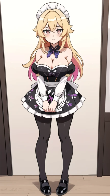 lumine \(genshin impact\), adult, tall, long messy hair, cute sulk expression, big breasts, strapless maid uniform, cleavage, Black denier 20 tights, leather shoes, colorful abstract geometrical shapes print, detailed clothes texture, BREAK, 1girl, masterpiece, standing, looking at viewer, indoors,