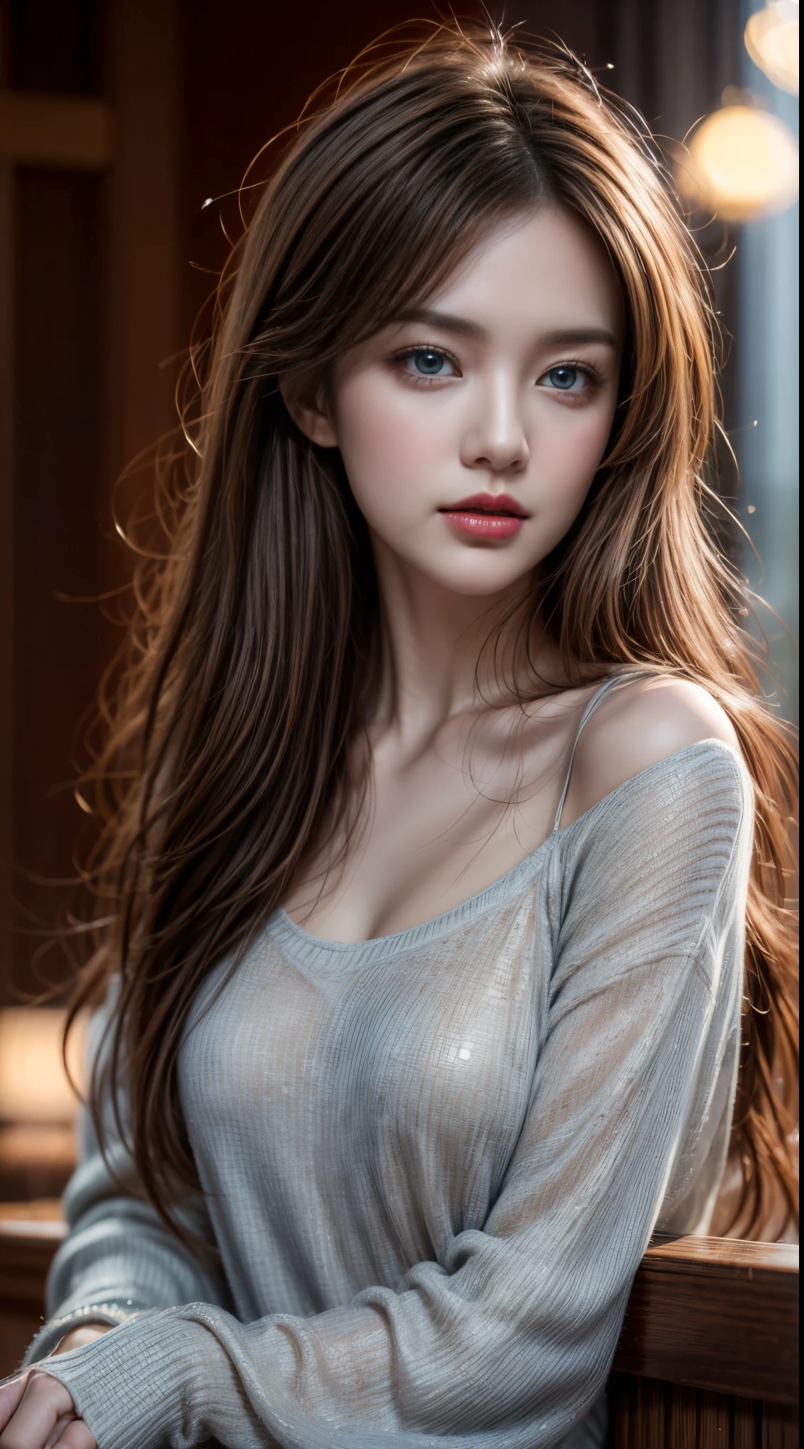 Masterpiece, Best quality, Photorealistic, Ultra-detailed, finedetail, high resolution, 8K wallpaper, 1 beautiful japan woman, Wear casual business attire, In excellent restaurant, At night, Light brown messy hair, Perfect dynamic composition, Beautiful detailed blue eyes, realistic skin, realistic face, realistic body,cinematic photo, cinematic lightings