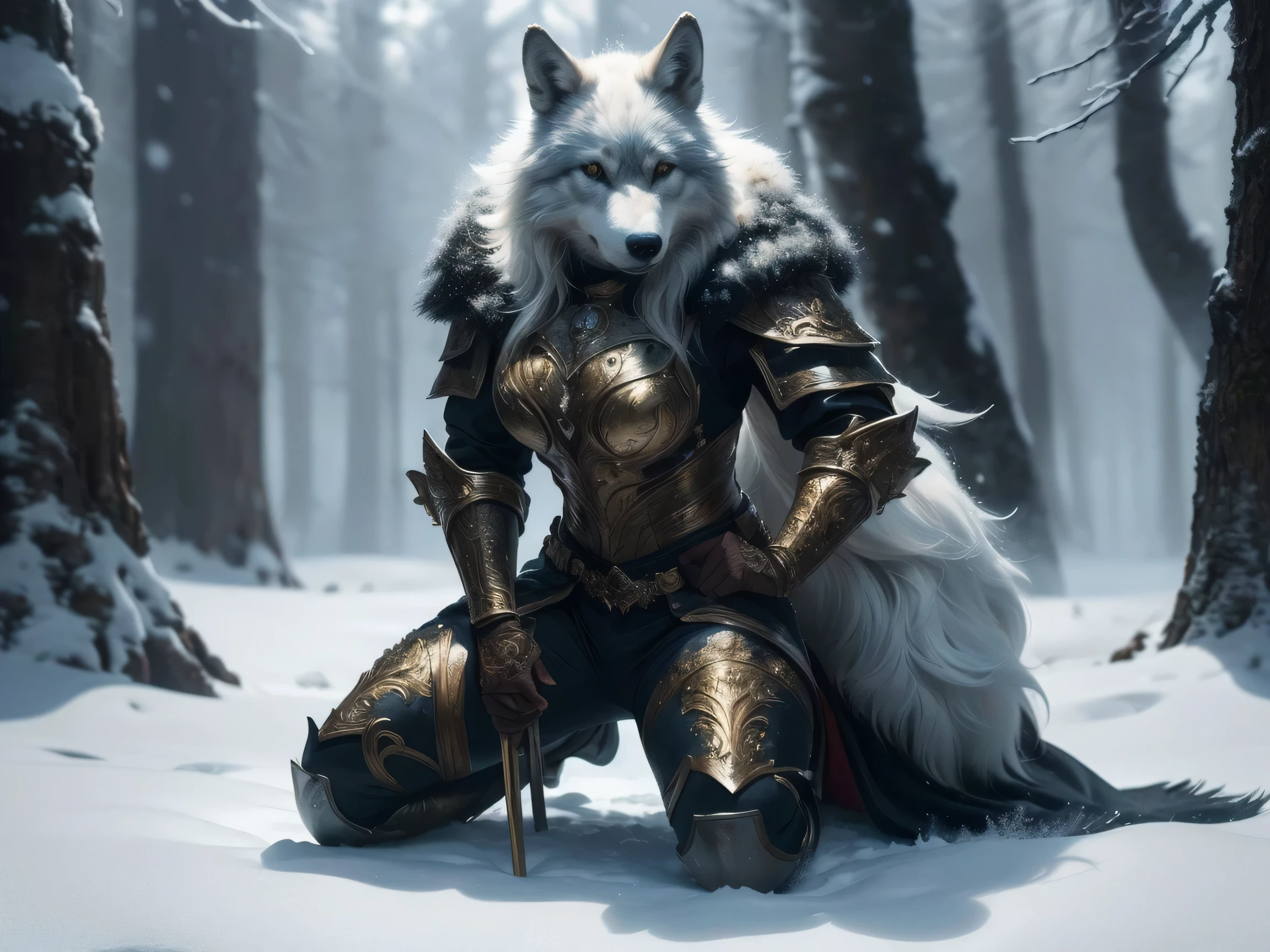 A stunningly drawn ((full body image)) of a (((Nordic warrior woman))), dressed in a ((fantastical snow-themed full body armor)), ((kneeling)) alongside a ((wolf)), in a (((fantastical forest clearing))) amidst a gentle (((snowfall))), her ornate attire and intricate details reflecting a (((dramatic aesthetic style))), with flowing (((Nordic fur))) and a (((beautifully drawn face))), highlighted by (interestingly detailed earrings) and long, flowing hair, all captured in a (((kinetically posed scene))) that embodies a (((realistically proportionate human form))), against a (((complex, high resolution backdrop))), artfully composed for a (((cinematic fantasy masterpiece))).