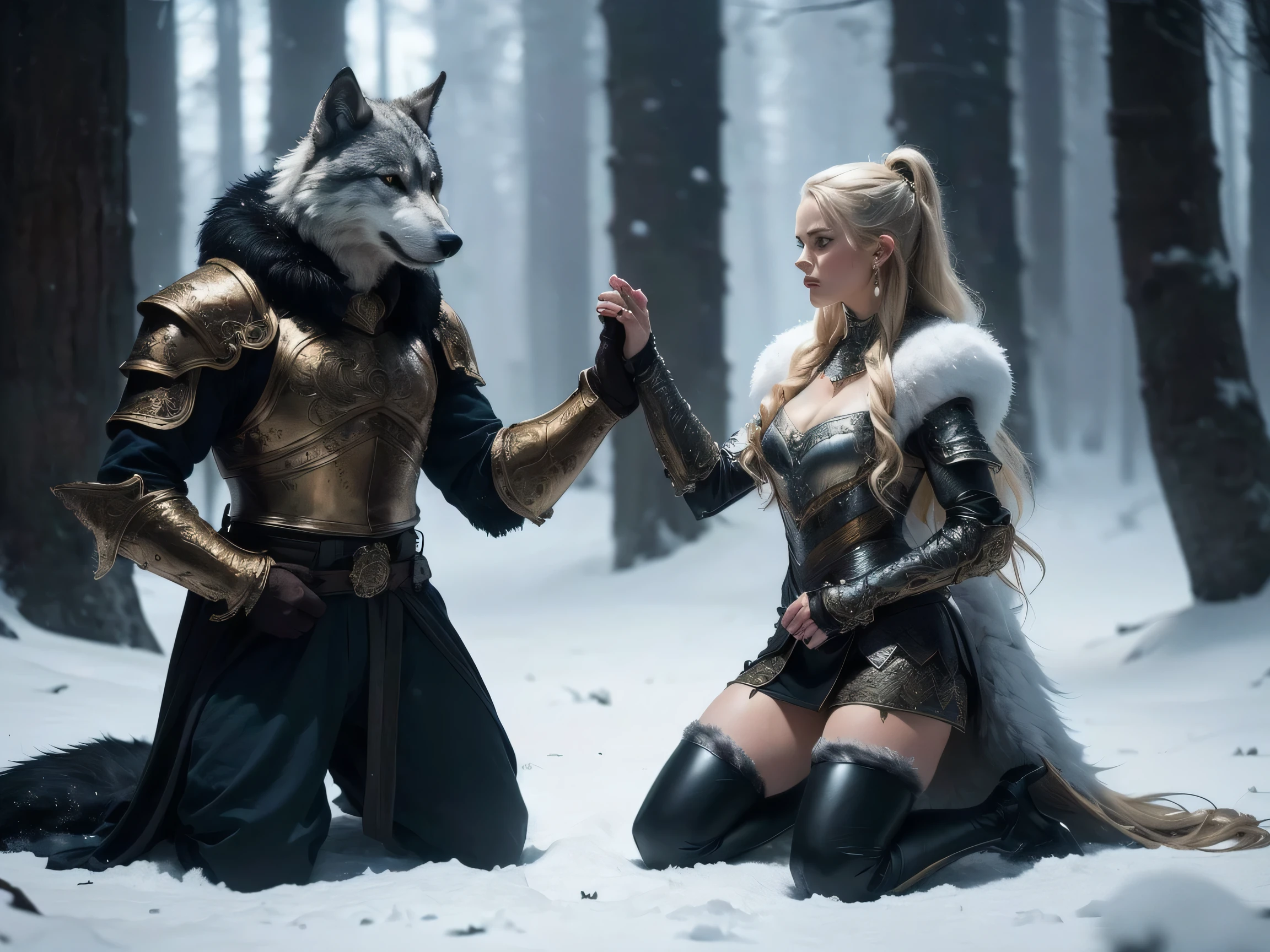 A stunningly drawn ((full body image)) of a (((Nordic warrior woman))), dressed in a ((fantastical snow-themed full body armor)), ((kneeling)) alongside a ((wolf)), in a (((fantastical forest clearing))) amidst a gentle (((snowfall))), her ornate attire and intricate details reflecting a (((dramatic aesthetic style))), with flowing (((Nordic fur))) and a (((beautifully drawn face))), highlighted by (interestingly detailed earrings) and long, flowing hair, all captured in a (((kinetically posed scene))) that embodies a (((realistically proportionate human form))), against a (((complex, high resolution backdrop))), artfully composed for a (((cinematic fantasy masterpiece))).