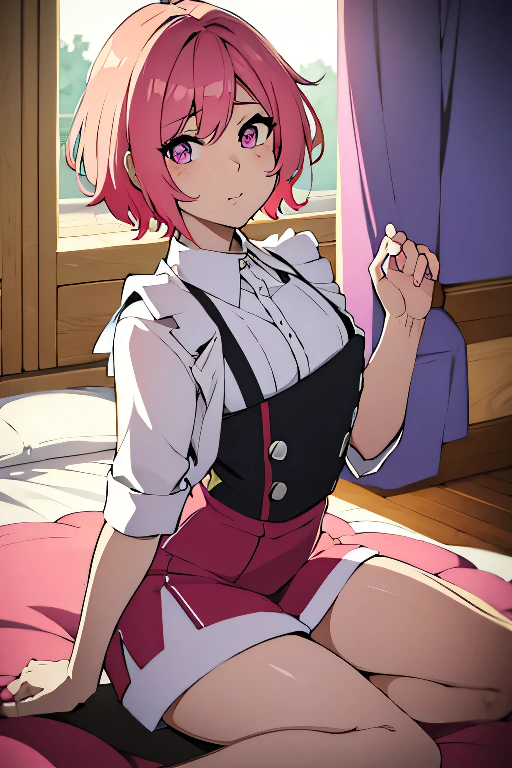 there is a cartoon picture of feminine boy with short pink hair, anime moe artstyle, 1 7 - year - old anime, in an anime style, femboy, flat anime style, cute, crossdresser, lewd body, curvy, cute outfit, doing a sexy pose
