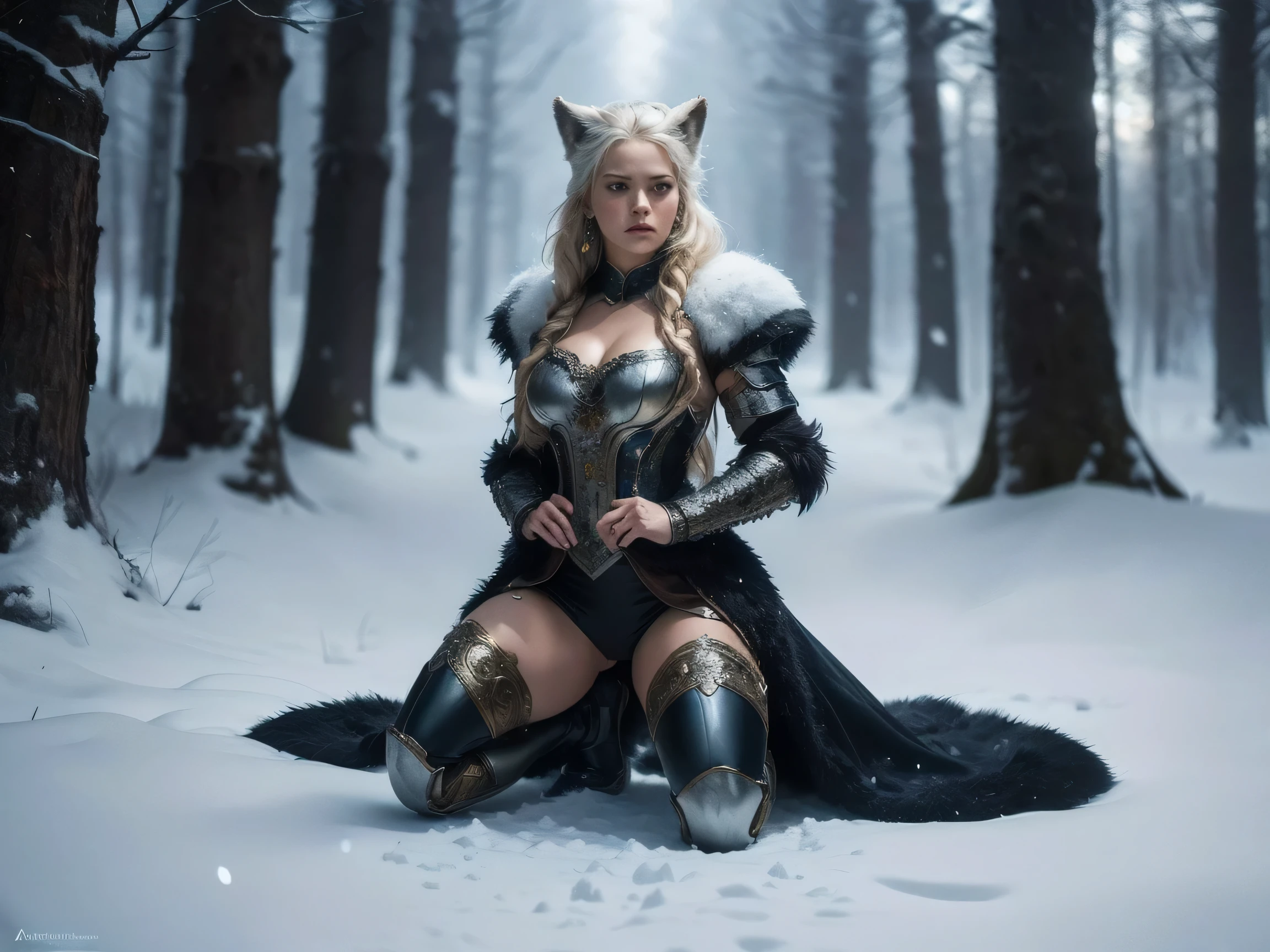A stunningly drawn ((full body image)) of a (((Nordic warrior woman))), dressed in a ((fantastical snow-themed full body armor)), ((kneeling)) alongside a ((wolf)), in a (((fantastical forest clearing))) amidst a gentle (((snowfall))), her ornate attire and intricate details reflecting a (((dramatic aesthetic style))), with flowing (((Nordic fur))) and a (((beautifully drawn face))), highlighted by (interestingly detailed earrings) and long, flowing hair, all captured in a (((kinetically posed scene))) that embodies a (((realistically proportionate human form))), against a (((complex, high resolution backdrop))), artfully composed for a (((cinematic fantasy masterpiece))).