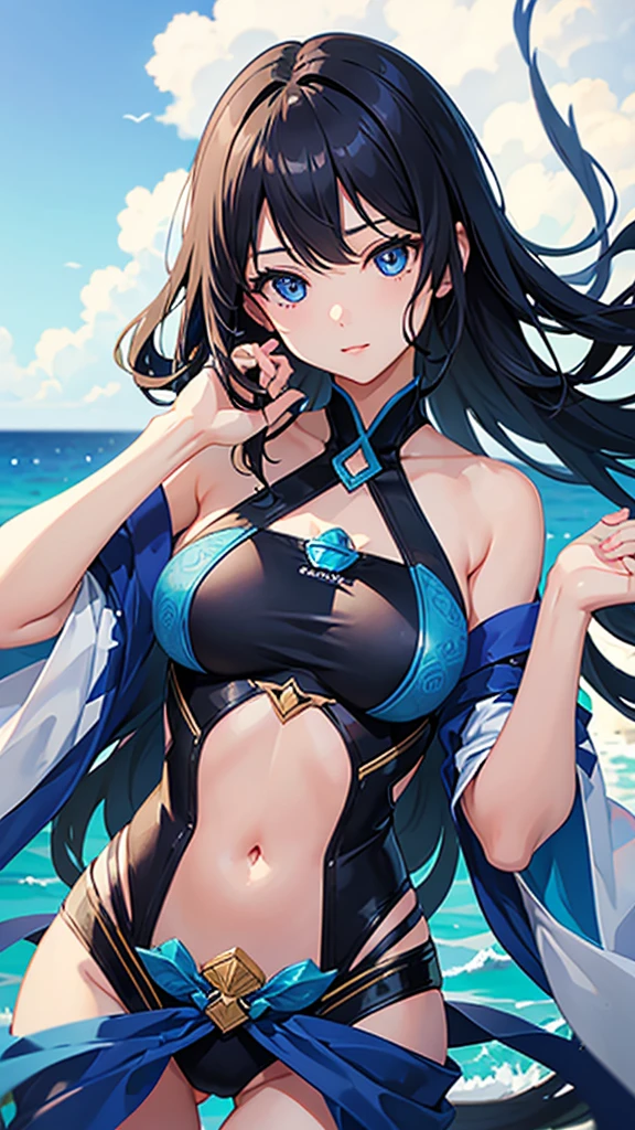 highest quality、Realistic、woman、Japanese、zoom、cute、Ocean、Cobalt blue eyes、Black Hair、Long Hair、Swimwear、Face close-up、thin、Small breasts