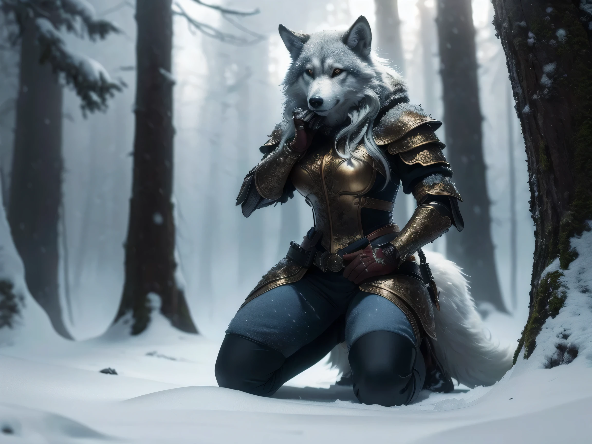 A stunningly drawn ((full body image)) of a (((Nordic warrior woman))), dressed in a ((fantastical snow-themed full body armor)), ((kneeling)) alongside a ((wolf)), in a (((fantastical forest clearing))) amidst a gentle (((snowfall))), her ornate attire and intricate details reflecting a (((dramatic aesthetic style))), with flowing (((Nordic fur))) and a (((beautifully drawn face))), highlighted by (interestingly detailed earrings) and long, flowing hair, all captured in a (((kinetically posed scene))) that embodies a (((realistically proportionate human form))), against a (((complex, high resolution backdrop))), artfully composed for a (((cinematic fantasy masterpiece))).