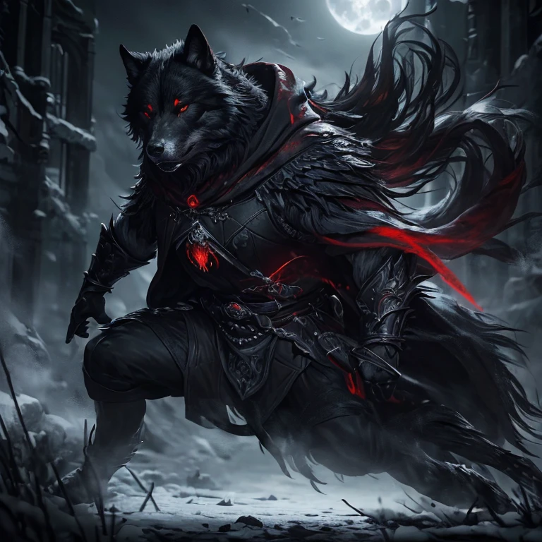(master piece:1.5), (best quality:1.5), (exquisite lighting and shadow, highly dramatic picture, cinematic lens effect) (Photorealistic picture) (Card game image) 8k, wallpaper, dynamic pose, full body red eyes black were wolf warrior wearing a hooded tunic, full moon background, ethereal lighting, sharp focus, highly detailed, realistic, cinematic lighting, studio quality