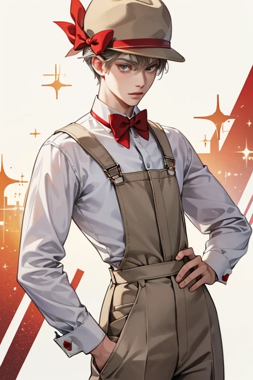 wearing a white shirt with two gray buttons, a red bow tie, blue pants with overalls, a beige hat with a red stripe.  SPARKLE; GLITTER