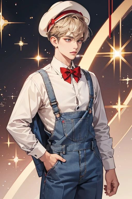 wearing a white shirt with two gray buttons, a red bow tie, blue pants with overalls, a beige hat with a red stripe.  SPARKLE; GLITTER