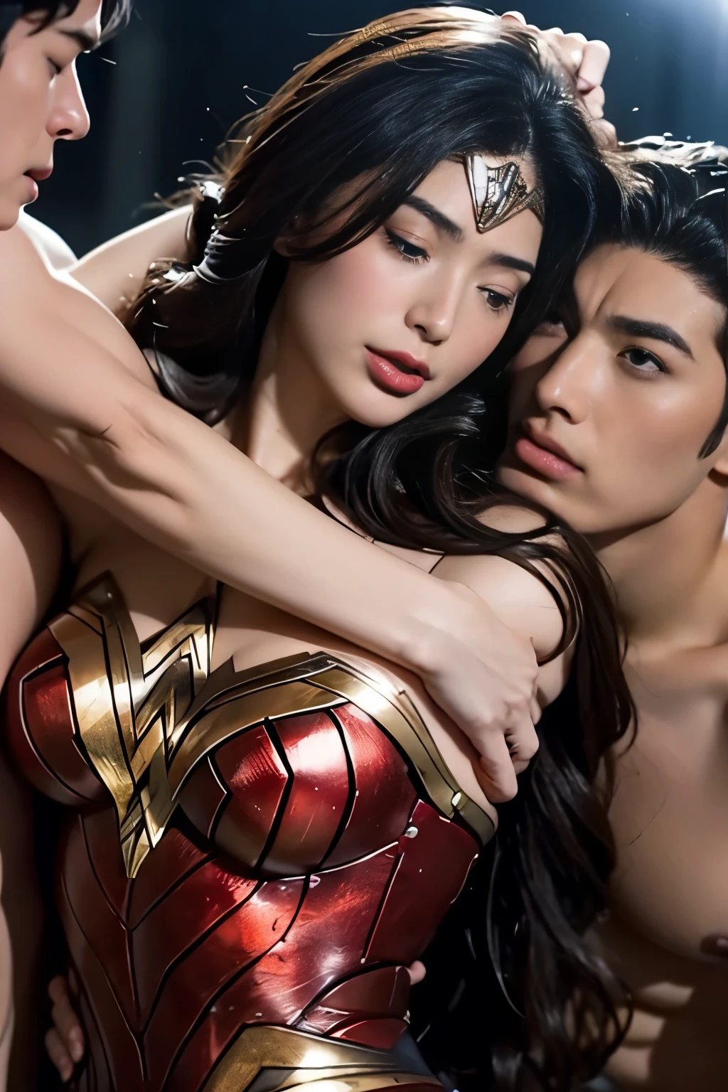 From the front,私はWonder Womanです、完璧なWonder Womanの衣装，From the frontハグ,お姫様Hugged,Hugged,Being strangled,You can hold it，Leaning on the man，Hugged，Can be lifted，Men lick my face with their tongues,The guys lick my head with their tongues,Men lick my hair with their tongues,My body is licked by men,sleeping face,Close ~ eyes,Open your mouth,Tired face,Face of Suffering,sleeping face,Being slapped in the face,Getting punched in the face,Fighting with men,Fight with the men,Surrounded by men,,Caught between the men,Being held back by men,Entanglement with males, Attacked by men,Brown Hair,  masterpiece、beautiful girl、fine 目、puffy eyes、highest quality, 超High resolution, (reality: 1.4), Cinema Lighting,so beautiful、Beautiful Skin、(超reality的な)、(High resolution)、(8k)、(Very detailed)、(beautiful and fine 目)、(Very detailed)、 Detailed face、Diagonal bangle hair、Brown Hair、20-year-old、Wonder Womanのコスプレ，Wonder Woman