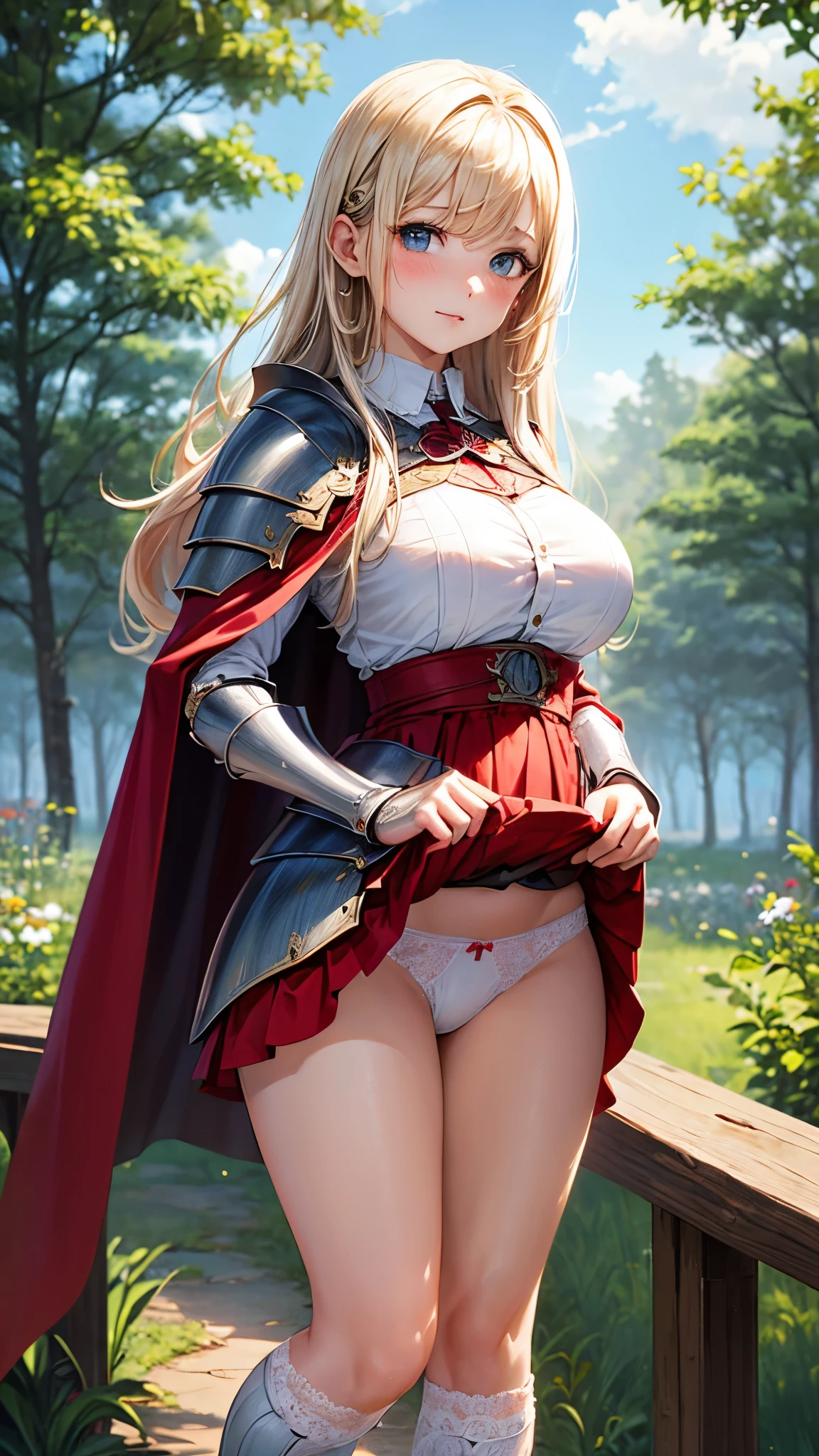 best quality,1girl,((((:1.3)))))),((big breasts:1.3)),curvy,orgasm,blush, sweat,blue eyes,blonde hair,((long hair:1.3)),straight hair,((waist-cape armor,white shirt,red skirt:1.3)),mini skirt,fantasy,((lift skirt,upskirt,lace panties,white panties:1.1)),kneehighs,forest