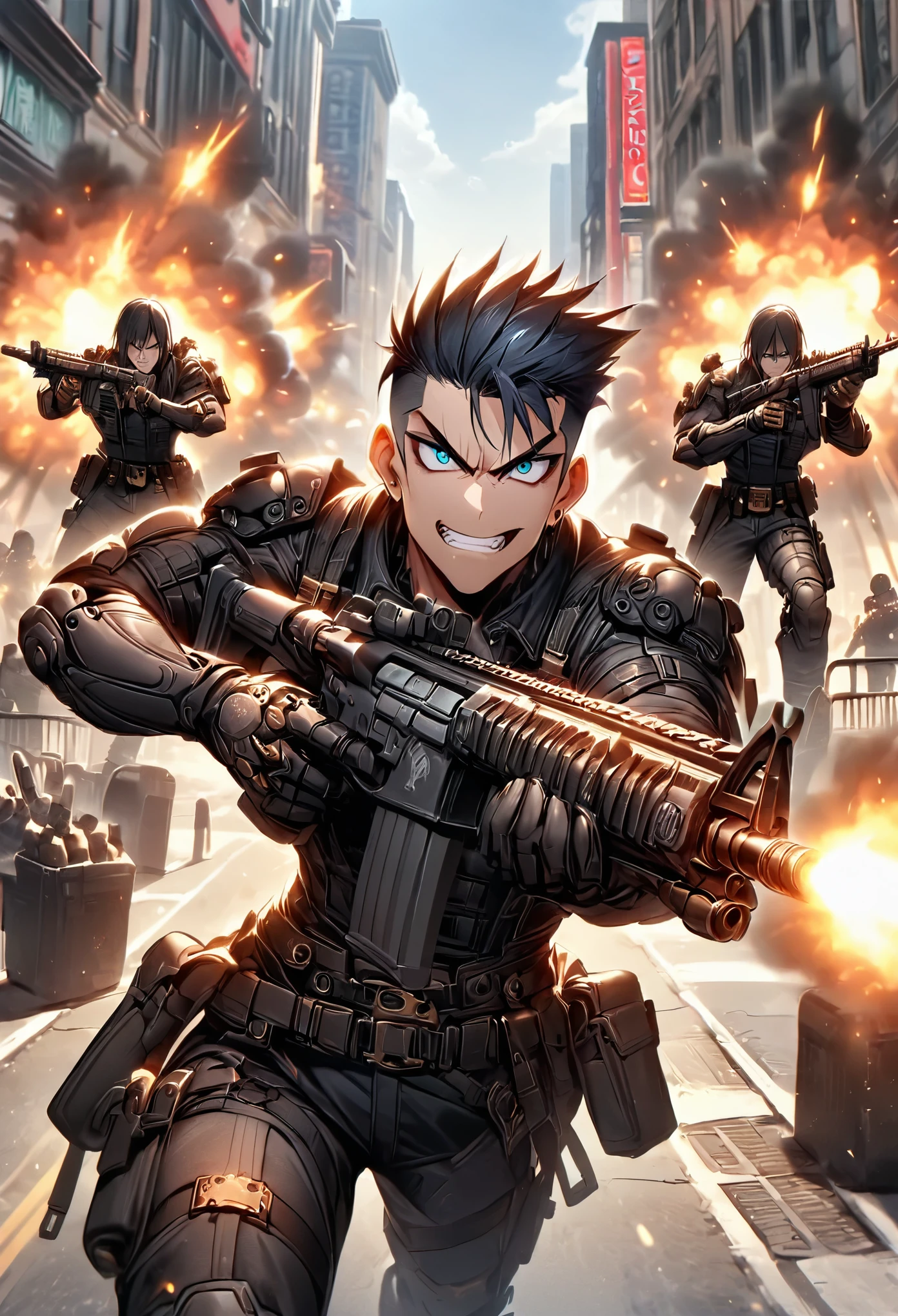 mercenary, male, male focus, muscular, black hair, aquamarine eyes, crew cut, maniacal laugh, v-shaped eyebrow, evil smile, clenched teeth, ammunition belt, grenades, drop-down pistol holster on the right hip, holstered pistol on the right hip, (holding an assault rifle, aiming at viewer), new york street, gunfight, shootout, shot NYPD cruisers, an explosion in the street