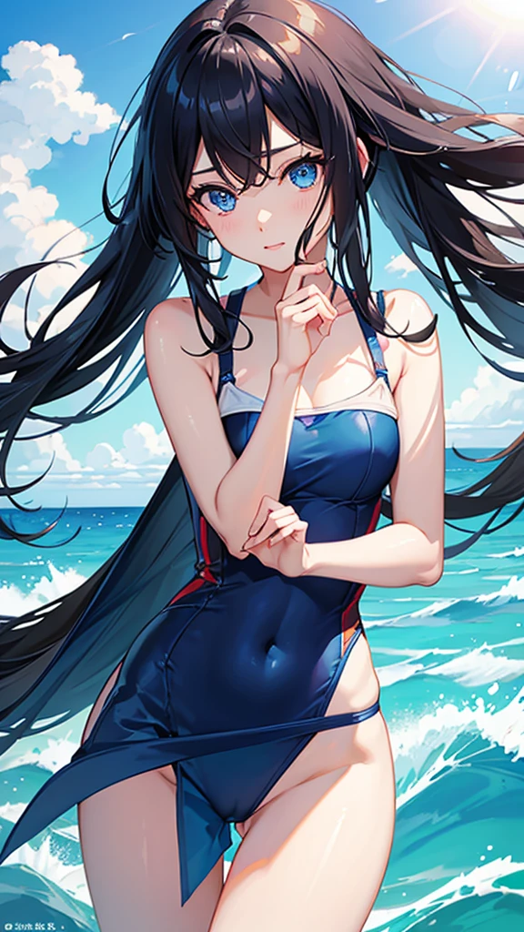 highest quality、Realistic、woman、Japanese、zoom、cute、Ocean、Cobalt blue eyes、Black Hair、Long Hair、Swimwear、Face close-up、thin、Small breasts