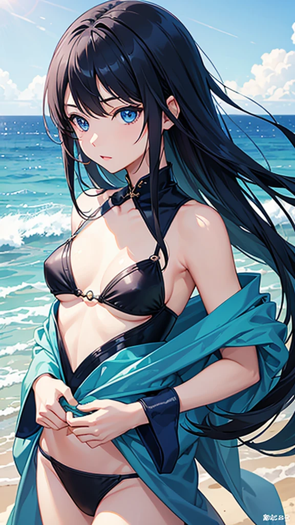 highest quality、Realistic、woman、Japanese、zoom、cute、Ocean、Cobalt blue eyes、Black Hair、Long Hair、Swimwear、Face close-up、thin、Small breasts