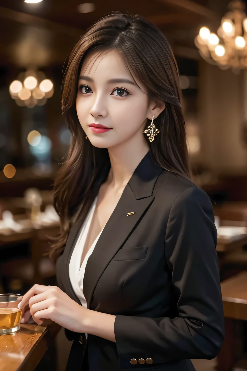 masterpiece, highest quality, Realistic, Very detailed, Finer details, High resolution, 8k wallpaper, One beautiful woman, Wear casual business attire, In a great restaurant, At night, Light brown messy hair, Perfect dynamic composition, Beautiful and beautiful eyes、Big earrings
