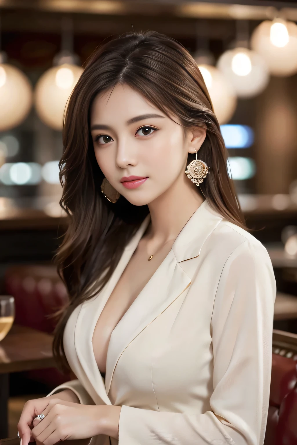 masterpiece, highest quality, Realistic, Very detailed, Finer details, High resolution, 8k wallpaper, One beautiful woman, Wear casual business attire, In a great restaurant, At night, Light brown messy hair, Perfect dynamic composition, Beautiful and beautiful eyes、Big earrings