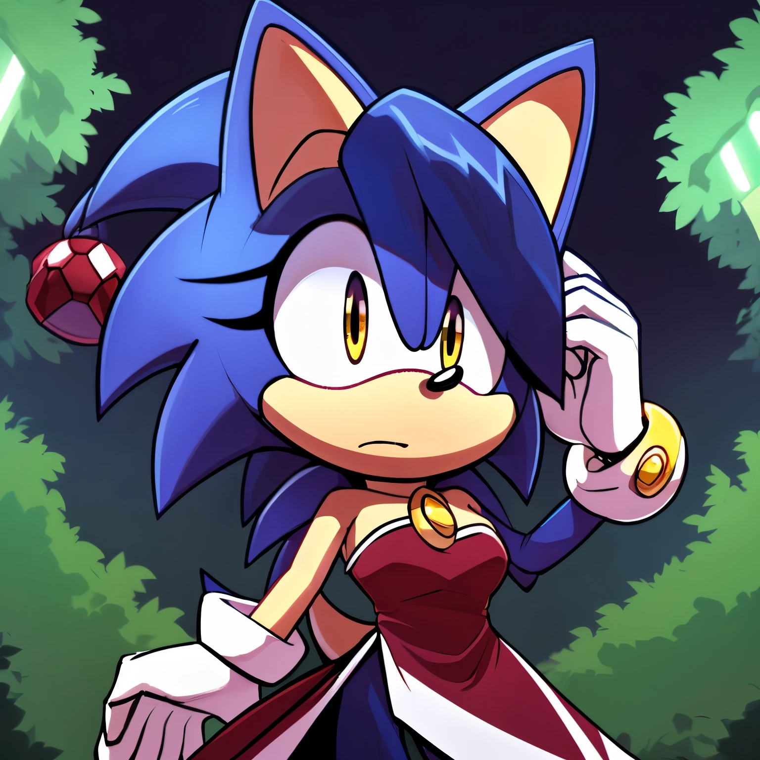score_9, score_8_up, score_7_up, 2D, ((Masterpiece)), high quality, studio quality, solo, 1girl, Female, Mobian, ((Hedgehog)), (((indigo blue colored fur))), ((((hedgehog quills are smoothly curved upward)))), ((tips of each quill are white)), fluffy quills/fur, yellow eyes, Nicole cosplay, cosplay, Nicole outfit, looking at viewer, embarrassed expression, forest, (hair bangs), looking nervously/scared, furry female anthro, Hedgehog ears, strapless darkish crimson red dress, split dress, black pants, black and white gloves, gold ring cuffs, standing, looking at viewer, darkish crimson red sleeveless dress with black and white split tails decorated with a white trim, and a small golden brooch with a darkish crimson red gem, medium breasts