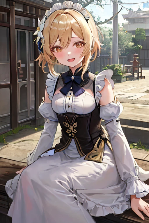 lumine genshin impact,armpits,blonde hair,brown eyes,hair flower,long sleeves,white dress,short hair, Close-up of girl, focus on eyes, 1 girl, young girls, open mouth, extremely detailed, wallpaper, best quality, She is wearing a cute maid's outfit with many frills and smiling at us.