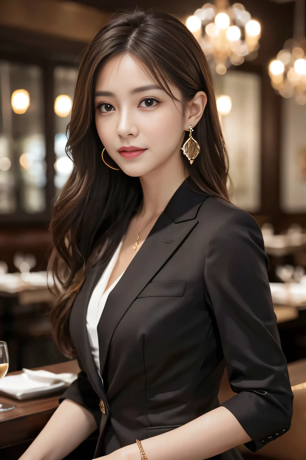 masterpiece, highest quality, Realistic, Very detailed, Finer details, High resolution, 8k wallpaper, One beautiful woman, Wear casual business attire, In a great restaurant, At night, Light brown messy hair, Perfect dynamic composition, Beautiful and beautiful eyes、Big earrings