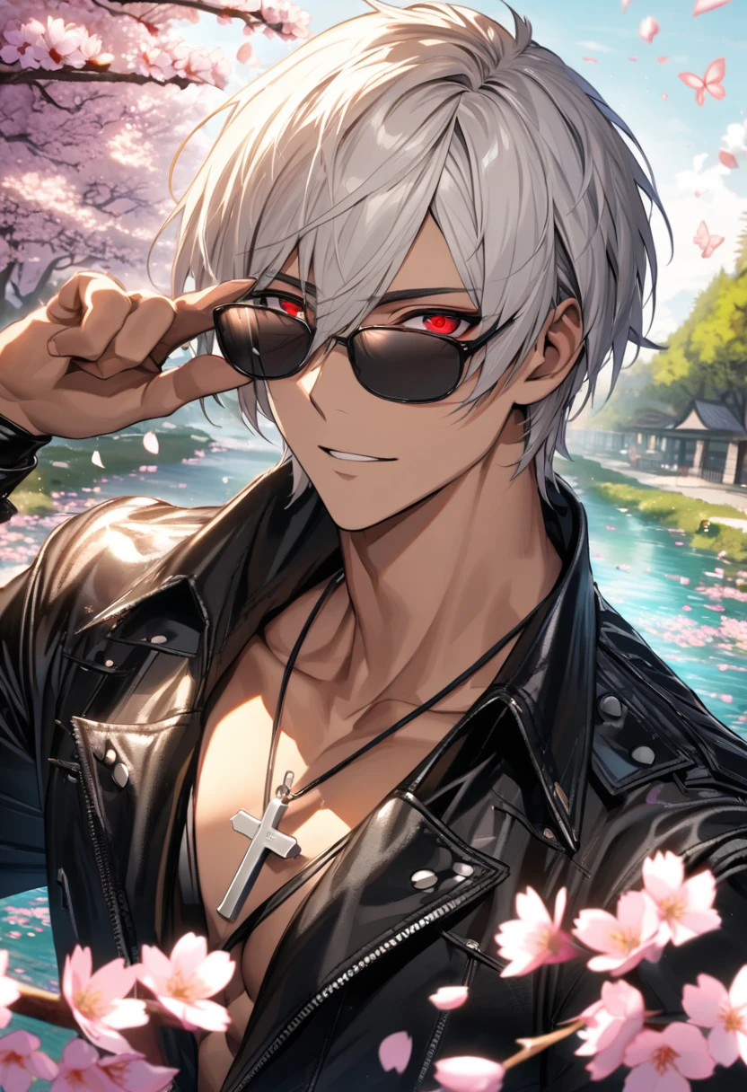 Ultra detailed, Highres, absurdres, HDR, K', white hair with bangs, short hair, hair between the eyes, expressive red eyes, black leather clothes, black sunglasses, cross necklace, tanned skin, The King Of Fighters, cherry blossoms, petals, extremely handsome, sexy man, solo, very detailed eyes and face, spring, butterflies, blossoms, black gloves, water,