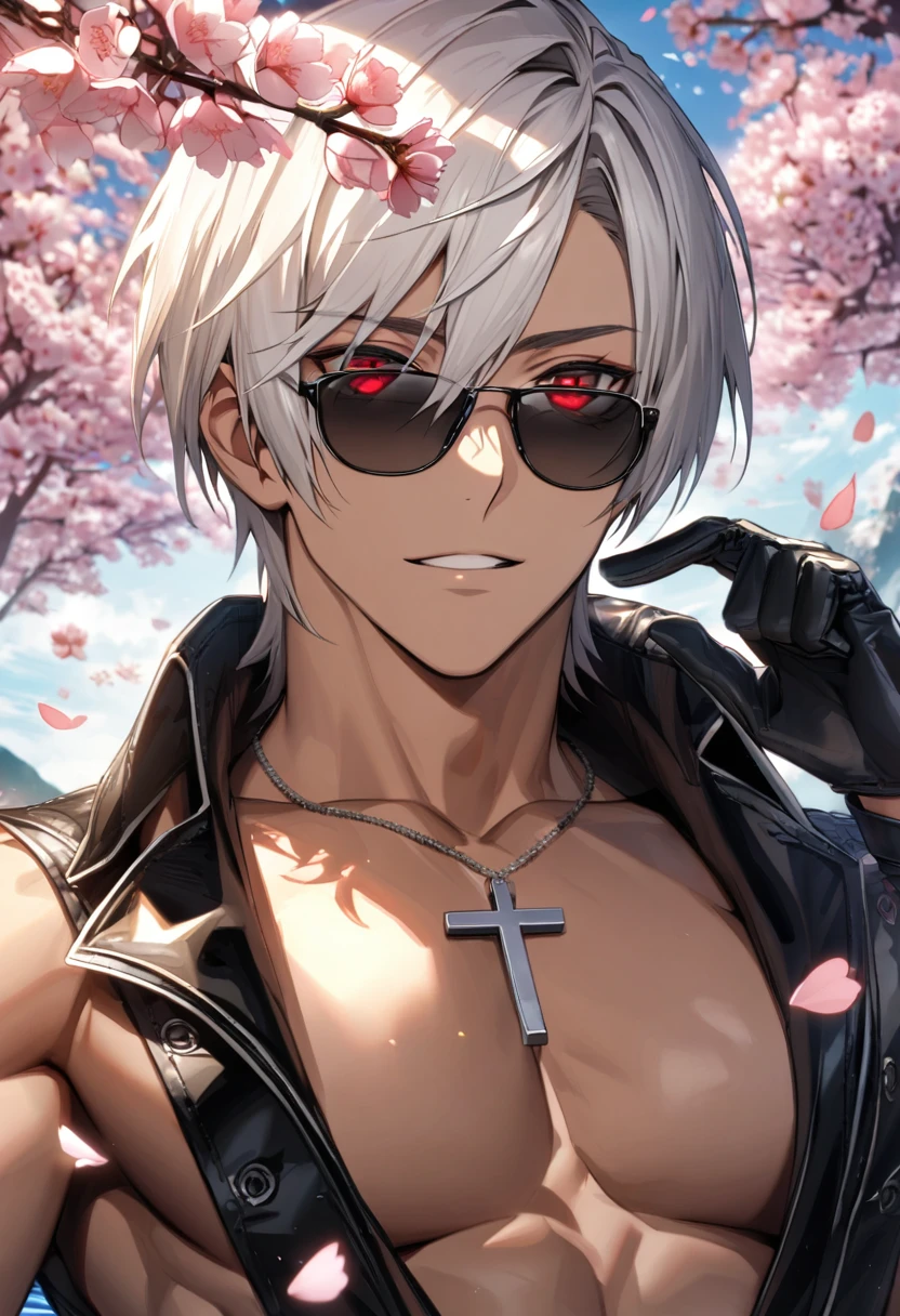 Ultra detailed, Highres, absurdres, HDR, K', white hair with bangs, short hair, hair between the eyes, expressive red eyes, black leather clothes, black sunglasses, cross necklace, tanned skin, The King Of Fighters, cherry blossoms, petals, extremely handsome, sexy man, solo, very detailed eyes and face, spring, butterflies, blossoms, black gloves, water,
