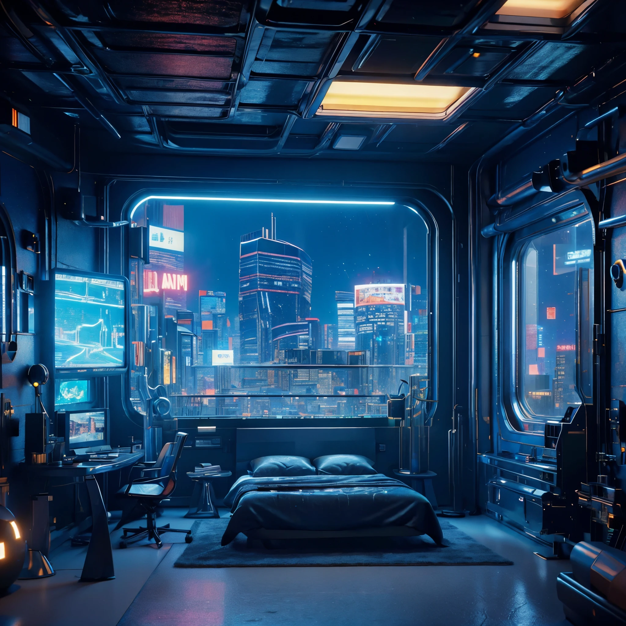 ((masterpiece)), (ultra-detailed), (intricate details), (high resolution CGI artwork 8k), Create an image of a retro futuristic cyberpunk bedroom. One of the walls should feature a big window with a busy, colorful, and detailed cyberpunk cityscape. Futuristic style with lots of colors and LED lights. The cityscape should be extremely detailed with depth of field. Utilize atmospheric lighting to create depth and evoke the feel of a busy futuristic city outside the window. Pay close attention to face details like intricate, hires eyes and bedroom accents. Camera: wide shot showing the room and the window. The window should be the focal point of the image. Lighting: use atmospheric and volumetric lighting to enhance the cityscape details. The room should be illuminated by the neon lights from the cityscape.