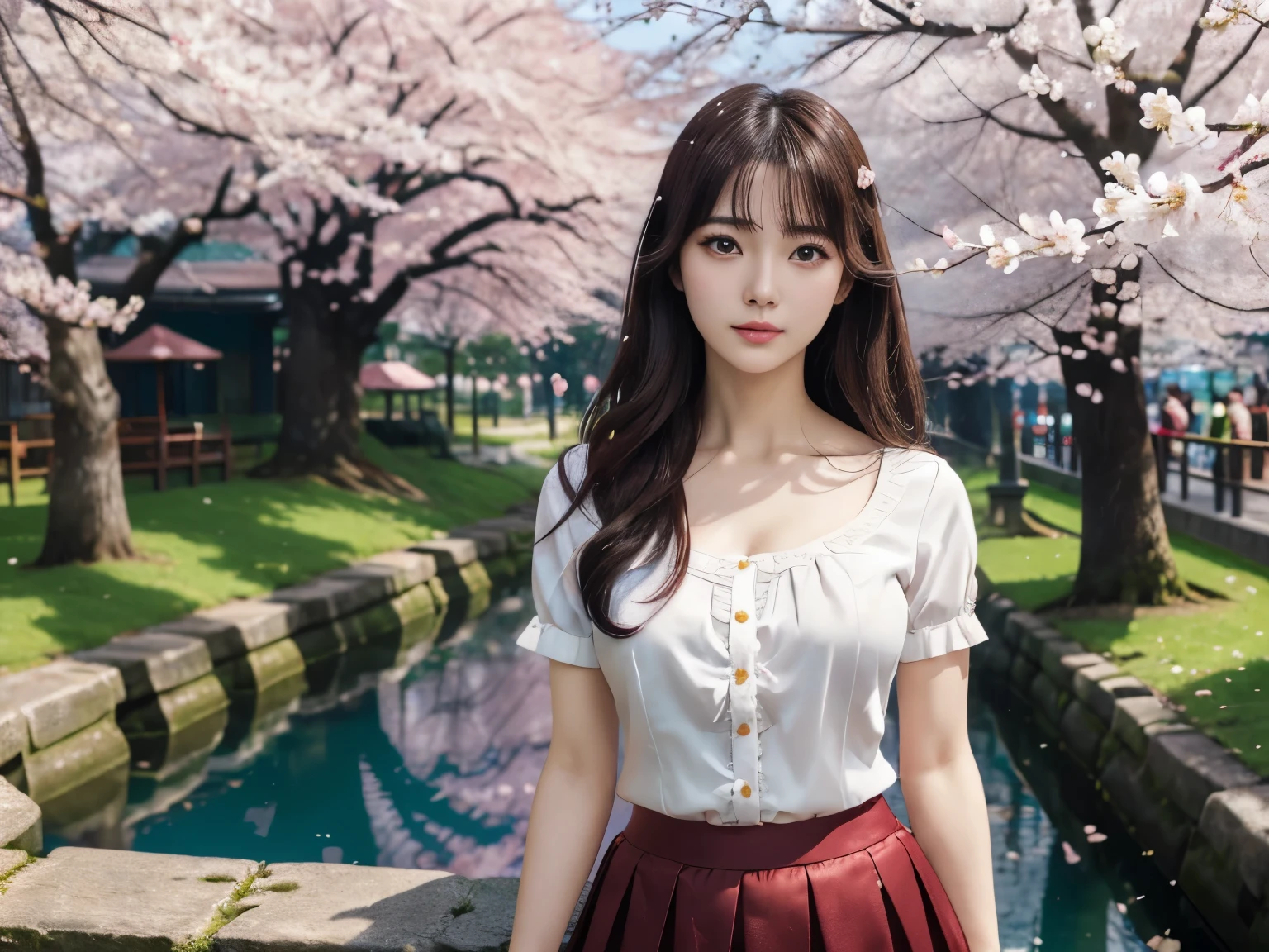 Sakura Festival、(masterpiece,8k Raw Photo:1.5,Ultra-high resolution,super high quality,Hyperrealistic:1.5)、(((A fun and gentle expression)))、Sit down、(Shiny brunette hair,Vivid details,In detail)、Surreal,35mm Film,Absent-minded,movie、( Lip gloss,Peach-colored lips)、(Big eyes,clear amber eyes,Eye highlights,Long eyelashes)、(Glossy face,Glowing Skin,Fine, silky skin)、highest quality,Ultra-high resolution,Depth of written boundary,chromatic aberration,Caustics,Wide Light,Natural Shadows,J-Pop Idol)、Staring at the viewer with a look of serenity and goddess-like bliss、Sex appeal in the air,Alluring、whole body,Beautiful breasts,、((Blouse with short sleeves,flare skirt))、Flare One Piece、((Cherry tree in full bloom,Cherry Blossom Viewing,cherry blossom festival))、Dancing in the spring breeze:1.2,Cherry blossom petals starting to fall,Beautiful, flowing hair:1.2、
