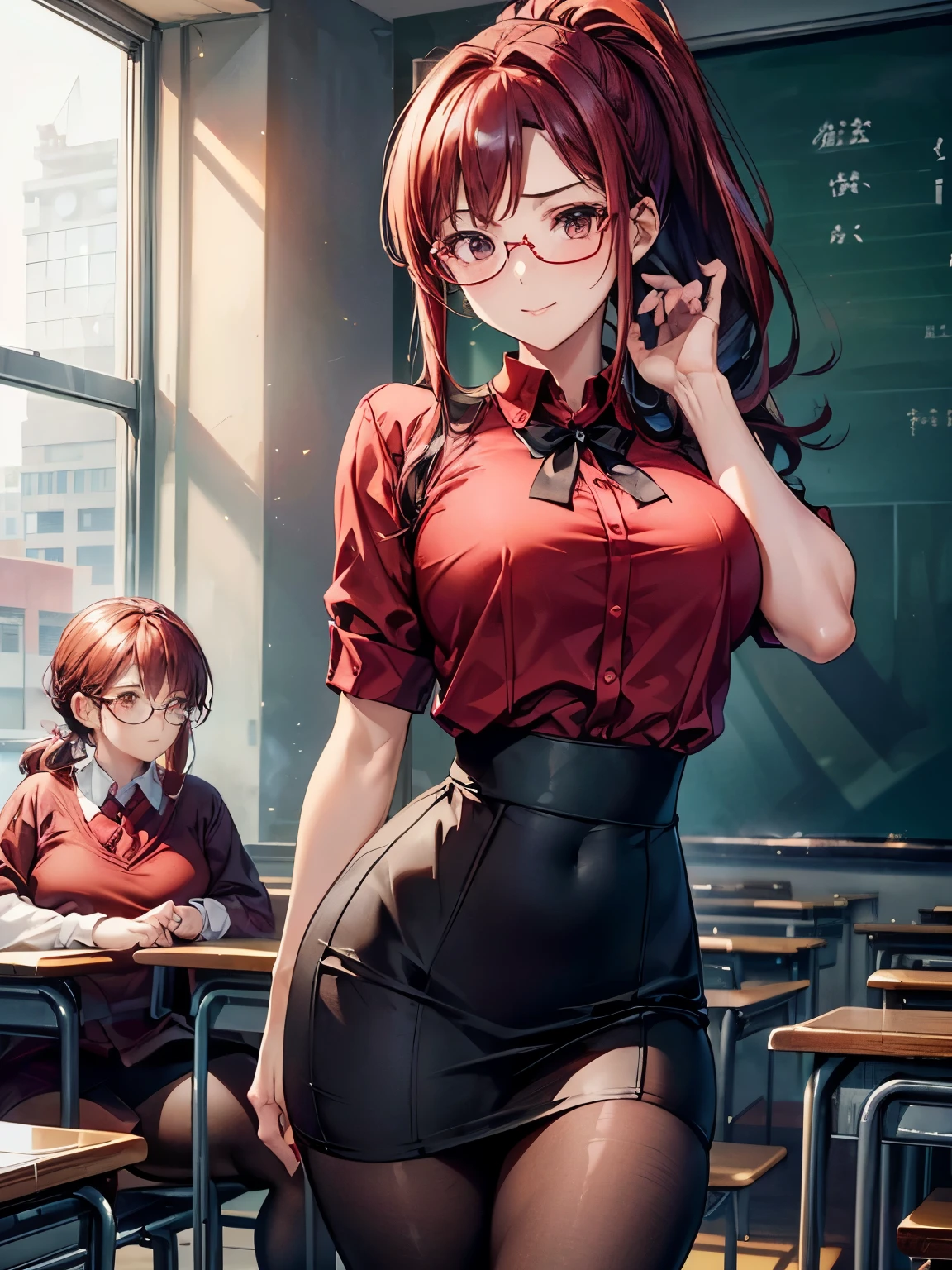 highest quality、Nice sexy body、One Woman、solo、(Beautiful busty woman:1.5)、Medium hair woman、Woman with ponytail、Woman wearing glasses、female teacher、((Woman with dark red hair))、(A woman wearing a red collared shirt)、A woman wearing a white pencil skirt、、A woman wearing brown pantyhose、Smiling woman、School、classroom、Sexy pose