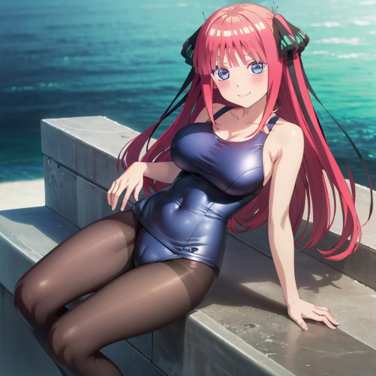 best quality, ultra-detailed masterpiece, anime art style, cute character, nino nakano, large breasts, blush, smile, one-piece swimsuit, pantyhose,