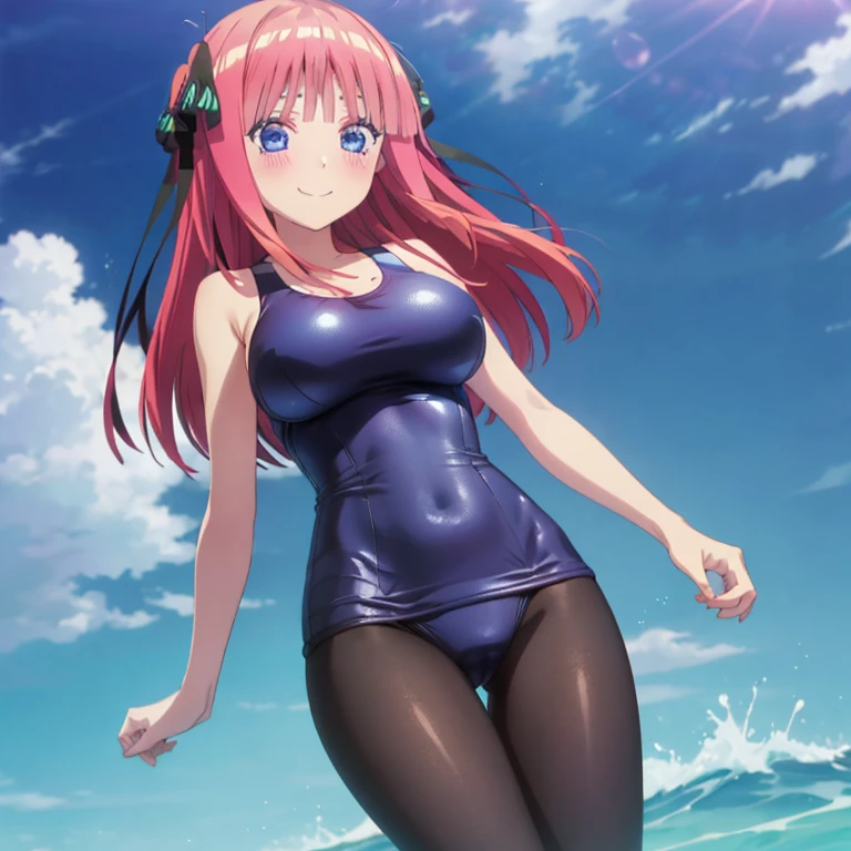 best quality, ultra-detailed masterpiece, anime art style, cute character, nino nakano, large breasts, blush, smile, one-piece swimsuit, pantyhose,