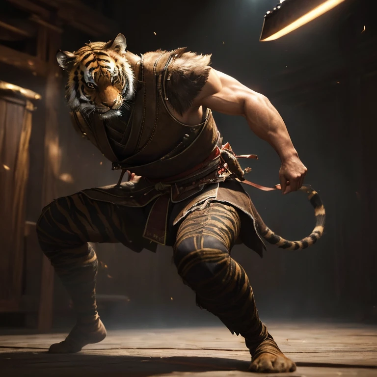 (master piece:1.5), (best quality:1.5), (exquisite lighting and shadow, highly dramatic picture, cinematic lens effect) (Photorealistic picture) (Card game image) 8k, wallpaper, dynamic pose, full body were tiger warrior, samurai, katana, ethereal lighting, sharp focus, highly detailed, realistic, cinematic lighting, studio quality

