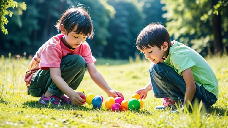 Children playing with beautiful rainbow stag beetles in the grassland、Children playing with colorful rainbow stag beetles in the forest、