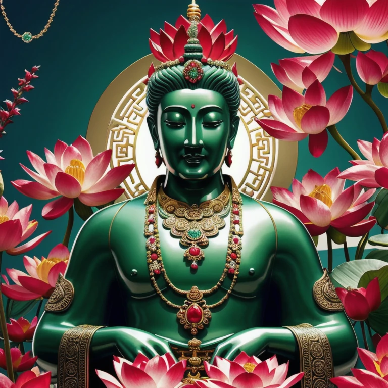  statue of chinese god made of jade and jewelry, crystal clear and shinning, beautyfull  handsome face, maly, many hands, detailed hands,  floating red ruby lotus , full body naked,  masterpieces, super detail, epic composition, ultra HD, high quality, extremely detailed, official art, unified 8k wallpaper, Super detail, 