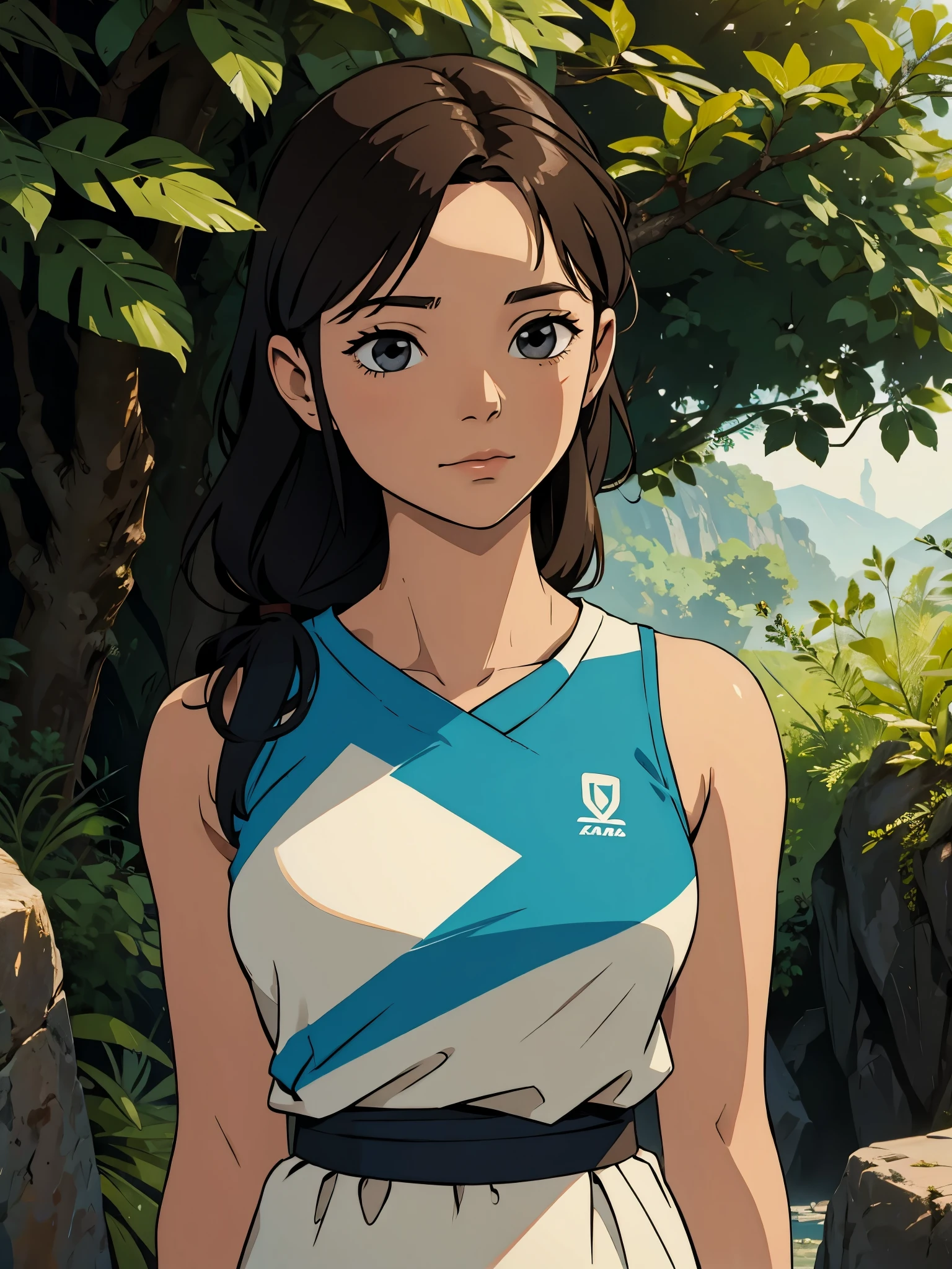 close up,anime, black skin girl, dark skin, African, solo, (dark skin:1.2), (black girl:1.2), survivalist, army fatigues, blue shirt and blue long jeans, brown eyes,  jungle, trees, forest, vines, worried expression, walking, black hair, ponytail, earrings,  running, beautiful, perfect lighting, lips, looking to the side, smeared makeup, glowing, best lightning, beautiful eyes, (dirty, mud, rain, dirt, blood splatters), mud on face, blood splatters on body, banda