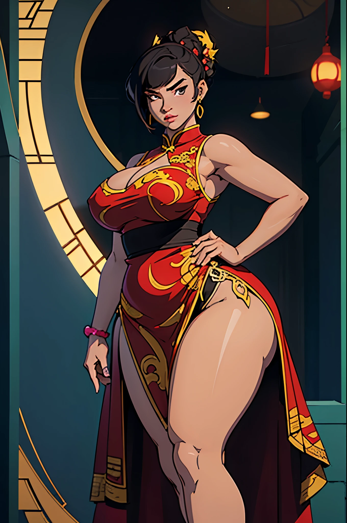 Masterpiece:1.2, Best Quality), realist, (real image, intricate details, depth of field), (1 girl, Alone), make up, Chapped lips, Very detailed, Perfect face, Big breasts, (cutaneous denture), princess azula with extra tight dress, azula face, Detailed face, sexy cleavage, very sexy breasts, Micro dress, Chinese dress QIPAO , Micro QIPAO, micro bra, sexy tail cap, Nsfw , Hands on waist, point of view from below, Closed mouth, wide waist, sexy abdomen, extra small loincloth ,Micro Loincloth, Sexy crotch, thick thighs, wide and sexy waist,  