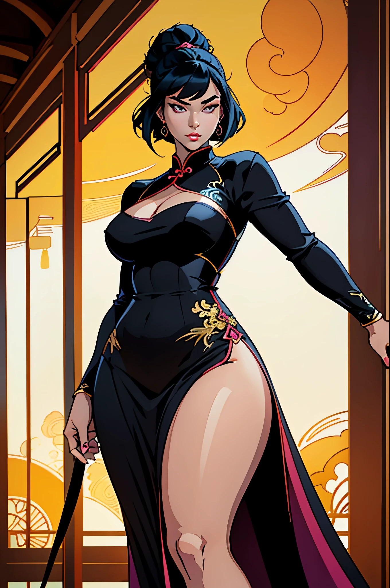 4k, high quality, soft light, cel shading, thick lines, short black bob hair, dark eyes, sexy, big breasts, thick thighs, wide hips, chinese dress, leg slit, muscular, toned, long flowing chinese dress, ornate, jewelry, hair bun, hair accessory, sexy anime lady, thicc, thick lady, thick hips