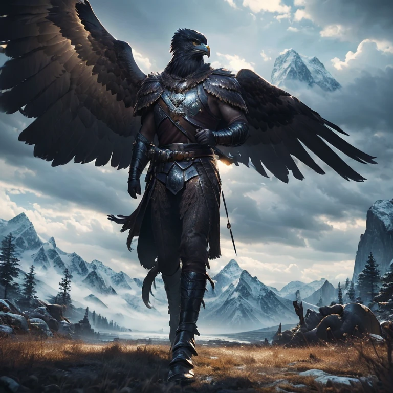 (master piece:1.5), (best quality:1.5), (exquisite lighting and shadow, highly dramatic picture, cinematic lens effect) (Photorealistic picture) (Card game image) 8k, wallpaper, dynamic pose, full body were eagle warrior, mountains background, ethereal lighting, sharp focus, highly detailed, realistic, cinematic lighting, studio quality
