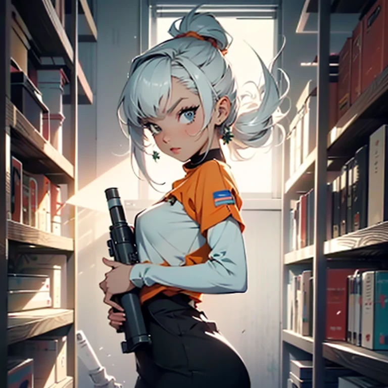 a close up of a toy on a bookshelf, (((mad))) elf princess, holding a rocket launcher, by Agustín Fernández, orange theme, style of disney animation, lawyer clothing, court session images, tinkerbell, photo of the girl, datura, armed, desenho, amphora, academic