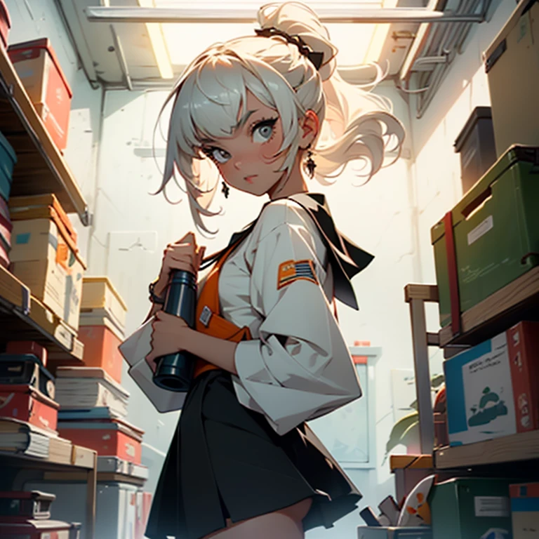 a close up of a toy on a bookshelf, (((mad))) elf princess, holding a rocket launcher, by Agustín Fernández, orange theme, style of disney animation, lawyer clothing, court session images, tinkerbell, photo of the girl, datura, armed, desenho, amphora, academic