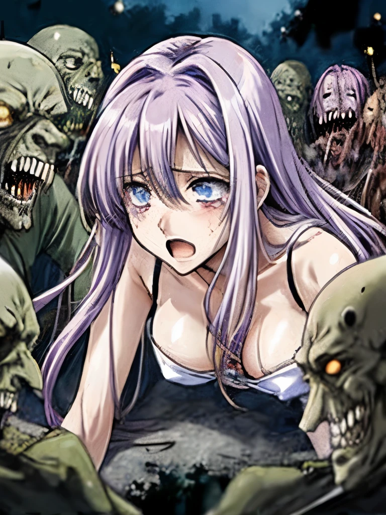 Constraints　Anime Style、slim, Very long light purple hair（Messy Hair）　Beautiful woman　White bodysuit（Tube top、Belly button、High leg、Thigh exposure）　Scared　eyes half open　Tears overflow　Cry　Fleeing　On all fours　Desperate　Dungeons　Different world　Get caught by a lot of zombies 1:5　There are a lot of zombies attached to the body.：7　1. I got grabbed by the arm by a bunch of zombies:5　Give up　Surrounded by a bunch of zombies　Long legs grabbed by many zombies 1:3　Constraintsされる　Surrounded by a bunch of zombies　Pitch black hell