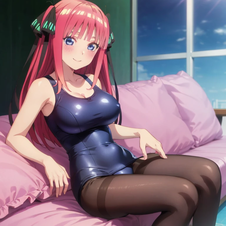 best quality, ultra-detailed masterpiece, anime art style, cute character, nino nakano, large breasts, blush, smile, one-piece swimsuit, pantyhose,