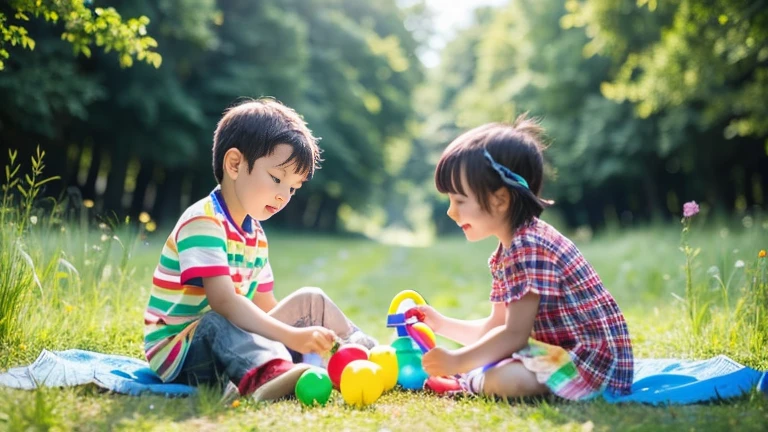 Children playing with beautiful rainbow stag beetles in the grassland、Children playing with colorful rainbow stag beetles in the forest、