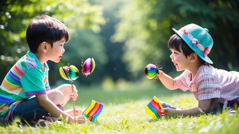 Children playing with beautiful rainbow stag beetles in the grassland、Children playing with colorful rainbow stag beetles in the forest、