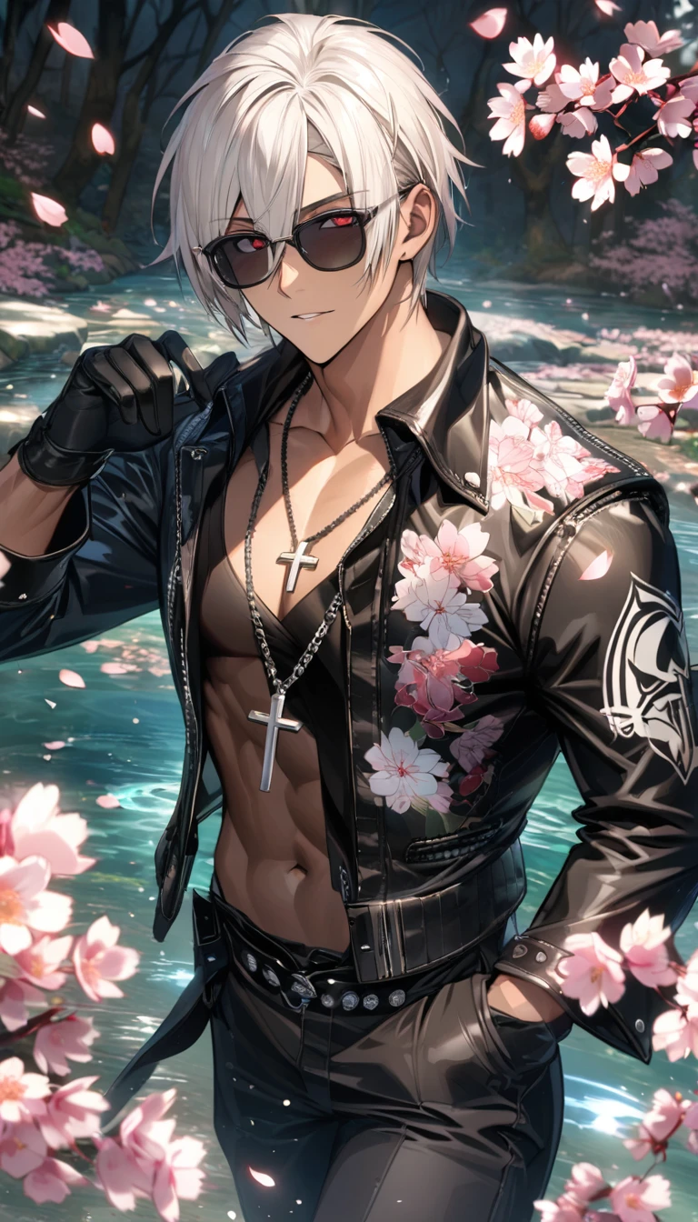 Ultra detailed, Highres, absurdres, HDR, K', white hair with bangs, short hair, hair between the eyes, expressive red eyes, black leather clothes, black sunglasses, cross necklace, tanned skin, The King Of Fighters, cherry blossoms, petals, extremely handsome, sexy man, solo, very detailed eyes and face, spring, butterflies, blossoms, black gloves, water, black pants