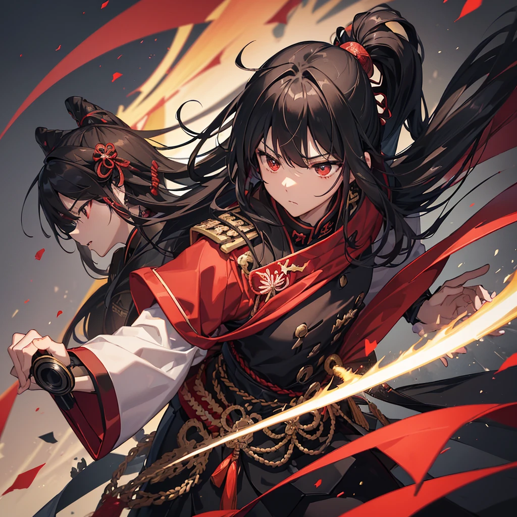 ((blackい髪　Long Hair　black　Military commander　one person　Lonely　Red Flag))　((night　Japanese style　old))　(Dance　Flame Blade　Shining Japan sword　Draw your sword)　moon　star　Draw your sword　Slashing　Catch the wind　print　Tense face