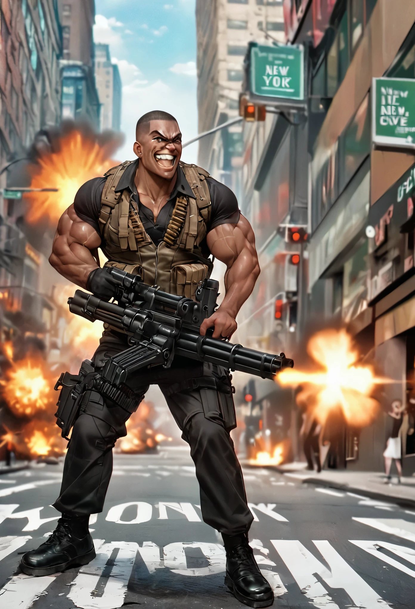 mercenary, male, male focus, muscular, black hair, aquamarine eyes, crew cut, maniacal laugh, v-shaped eyebrow, evil smile, clenched teeth, ammunition belt, grenades, drop-down pistol holster on the right hip, holstered pistol on the right hip, (holding an m134 minigun), new york street, gunfight, shootout, shot NYPD cruisers, an explosion in the street