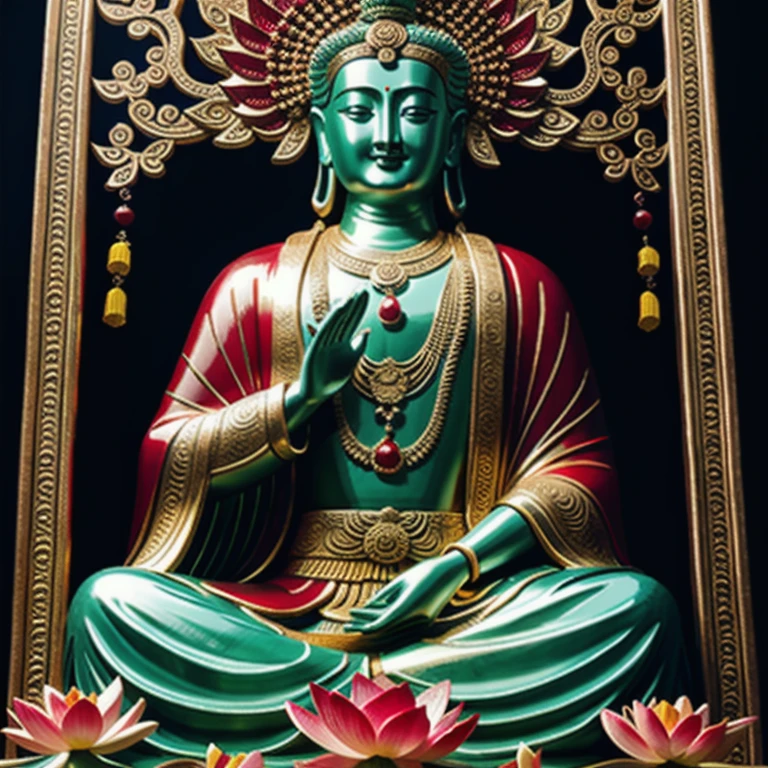  statue of chinese god made of jade and jewelry, crystal clear and shinning, beautyfull  handsome face, maly, many hands, detailed hands,  floating red ruby lotus , full body naked,  masterpieces, super detail, epic composition, ultra HD, high quality, extremely detailed, official art, unified 8k wallpaper, Super detail, 