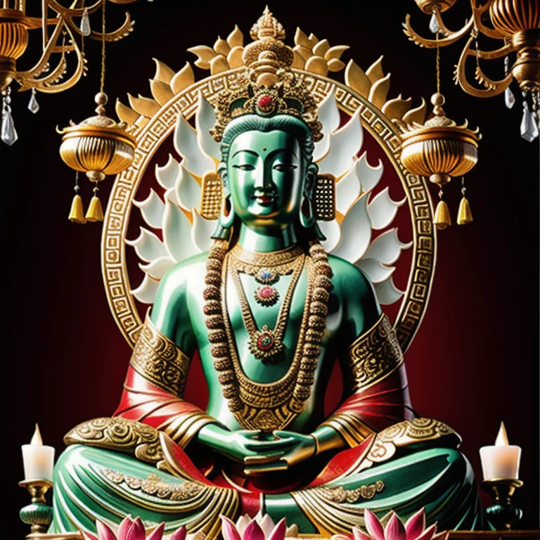 statue of chinese god made of jade and jewelry, crystal clear and shinning, beautyfull handsome face, maly, many hands, detailed hands, floating red ruby lotus , full body naked, masterpieces, super detail, epic composition, ultra HD, high quality, extremely detailed, official art, unified 8k wallpaper, Super detail,
