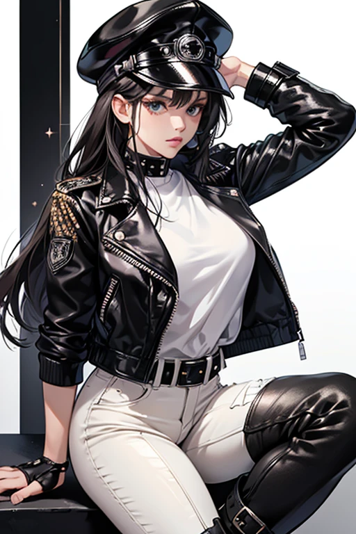 she wears a white shirt underneath a black biker's jacket, black leather pants with a studded belt, black boots, and a black biker's hat. SPARKLE; GLITTER