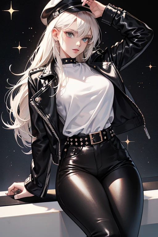 she has long platinum blonde hair, black eyes, and lightly tanned skin. Her lips are a peachish color. Her eyelids are a shade or two darker than her skin. Her eyebrows are a very dark brown to a black and are thin. She wears white earrings that look like small white dots or pearls. Her outfit appears to be a solid black suit. It comes down to being a black turtle neck, black figure hugging pants with a black belt, and black slightly high heeled boots. SPARKLE; GLITTER
